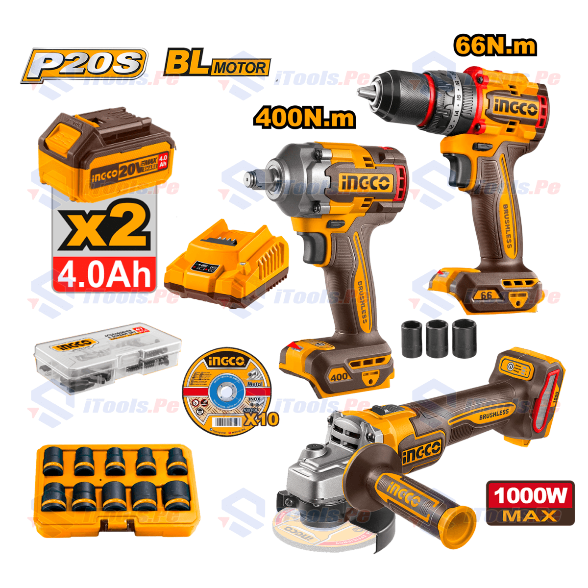 KIT TALADRO 66NM + AMORLADORA 1000 W + LLAVE DE IMPACTO 400 NM + SET DE DADOS 10 PCS INGCO1