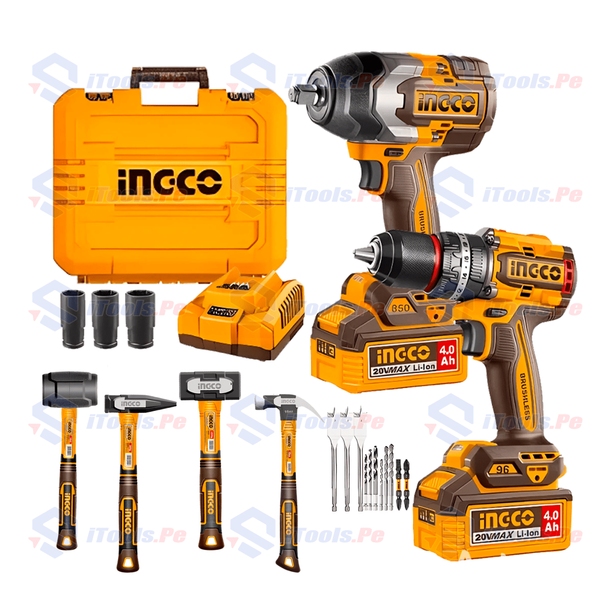 COMBO TALADRO PERCUTOR 96NM + LLAVE DE IMPACTO 850 NM COSLI250586 + SET 4 MARTILLOS INGCO1