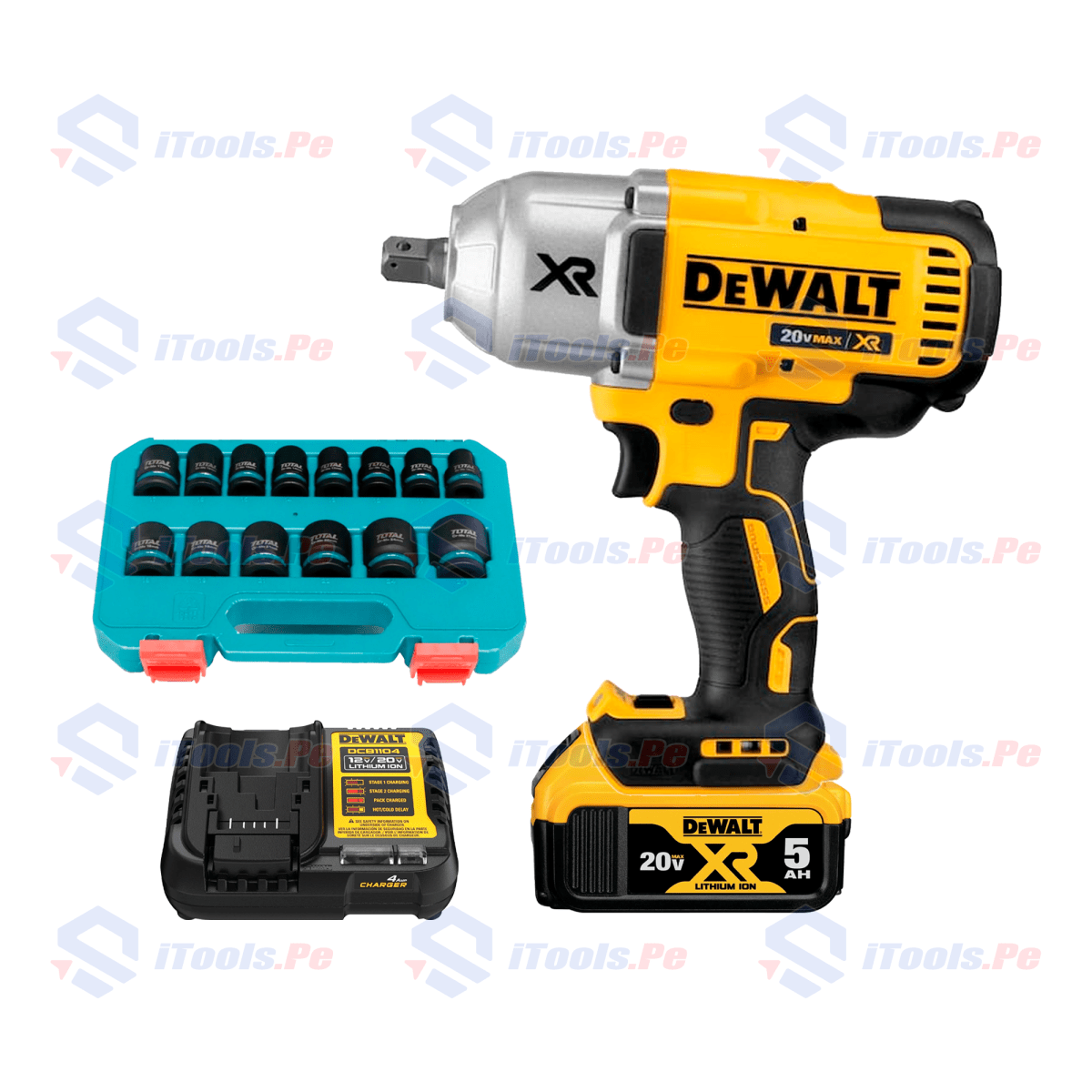 Llave de impacto 950NM + bateria 5AH y cargador 12V/20V DEWALT + set de dados 1/2