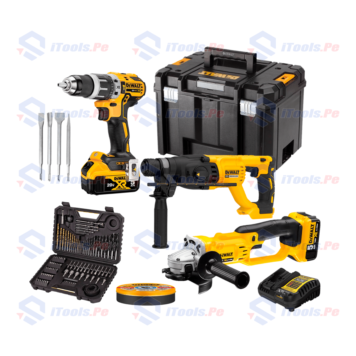 COMBO INDUSTRIAL DEWALT INALÁMBRICO DE TALADRO + ESMERIL + ROTOMARTILLO Y ACCESORIOS1