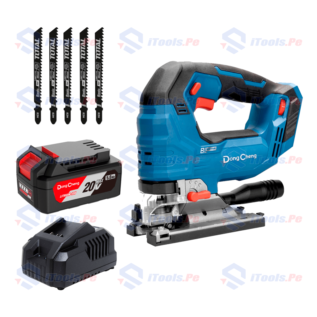 KIT SIERRA CALADORA 20V DONG CHENG + BATERÍA 5AH + CARGADOR RÁPIDO + SET DE HOJAS 5 PCS TOTAL1