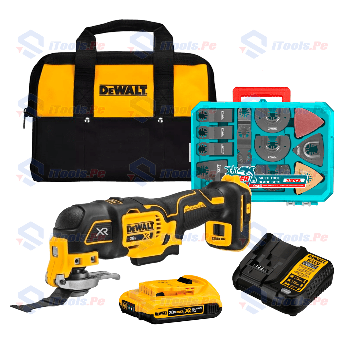 HERRAMIENTA MULTIUSO OSCILANTE 20V +  BAT / CARG + MALETA DE LONA + ACCESORIOS 23 PZS DEWALT1