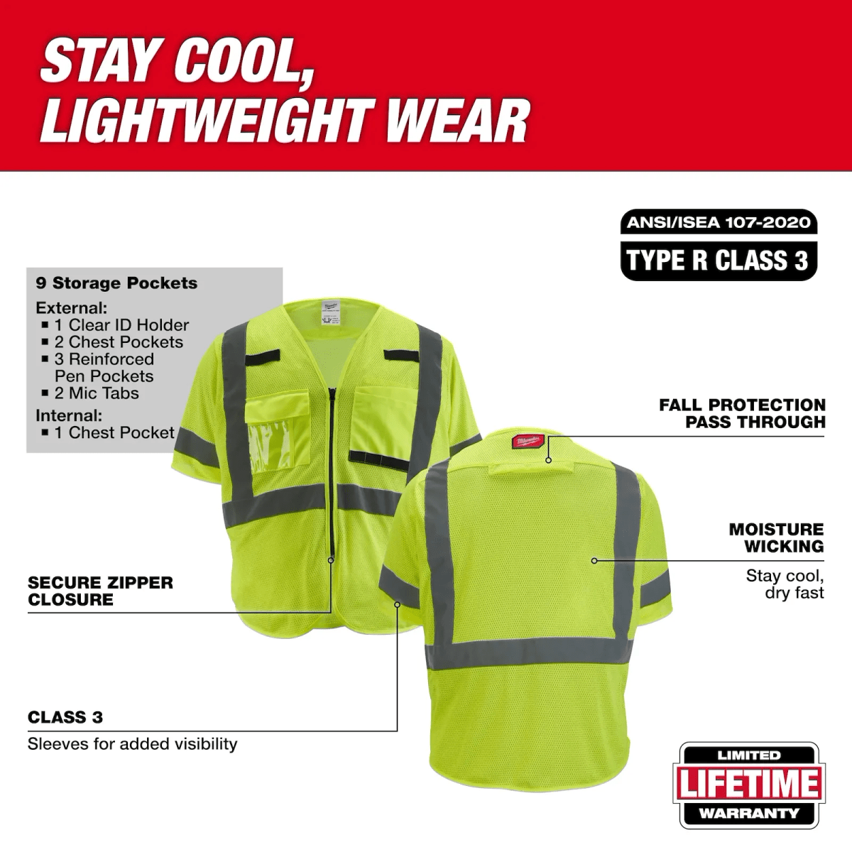 Chaleco de seguridad de malla amarillo Clase 3: L - XL MILWAUKEE / 48-73-51323
