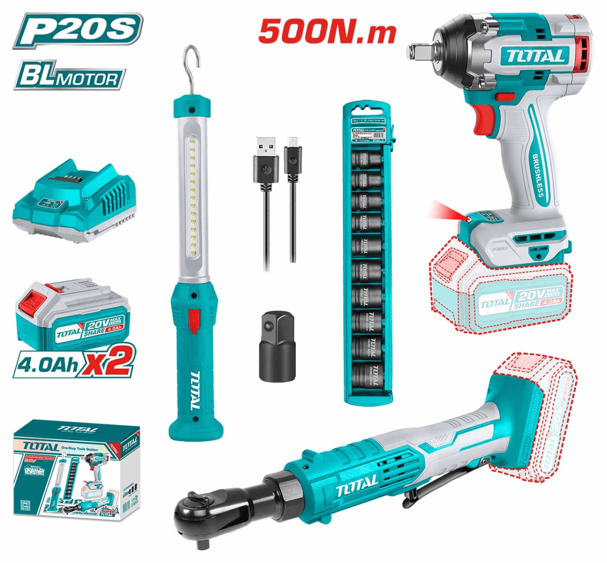COMBO LLAVE DE IMPACTO + TRINQUETE + LAMPARA TOTAL / TOSLI2404611