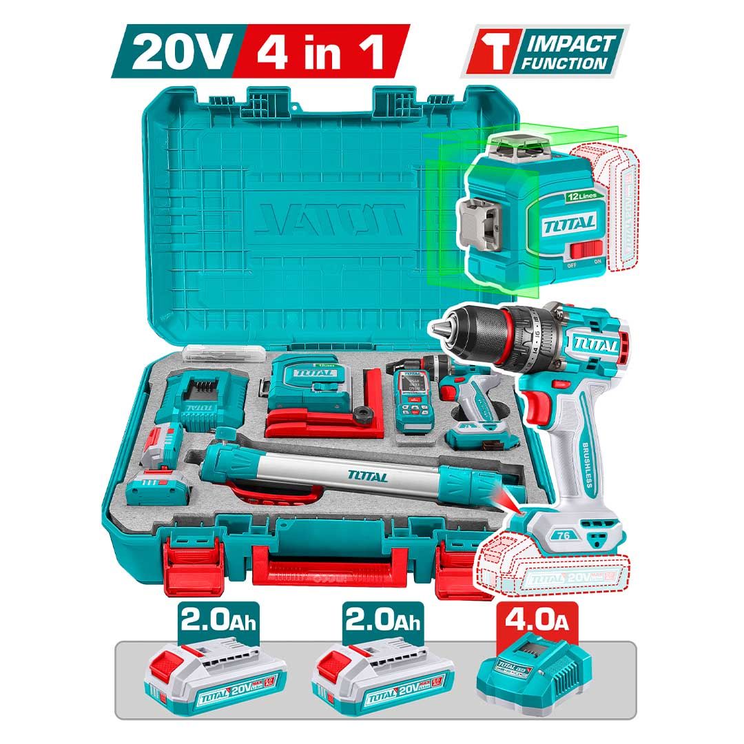 COMBO 4 EN 1: TALADRO 76NM + NIVEL LASER 12 LINEAS + MEDIDOR DE DISTANCIA 85M TOTAL / TLL2604671