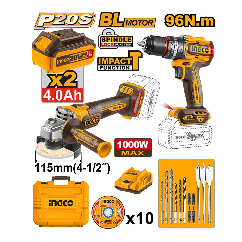 Kit Brushless Taladro Percutor 20V 96NM + Amoladora 20V 1000W INGCO / COSLI2412981