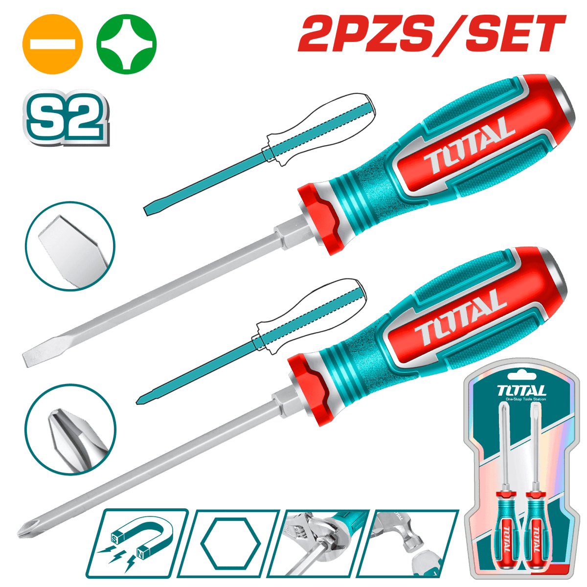JUEGO DE 2 DESTORNILLADORES DE GOLPE SL6.5 MM Y PH2 MAGNÉTICOS ACERO S2 TOTAL / TGTST02061