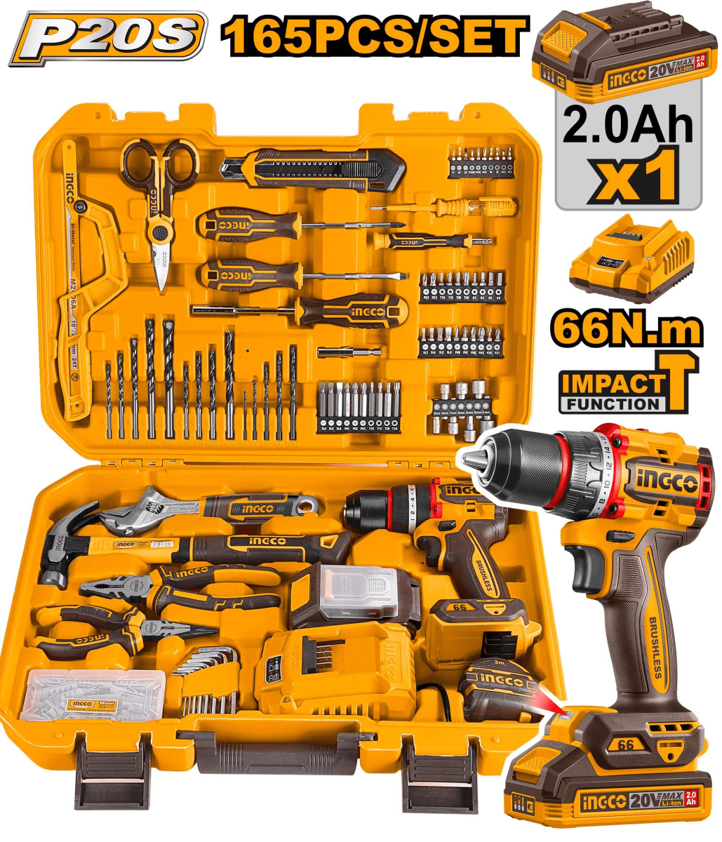 TALADRO PERCUTOR 66NM 20V INGCO + 165 HERRAMIENTAS MANUALES HKTHP116511