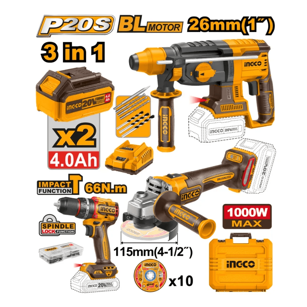 COMBO: Taladro percutor 66NM + Amoladora 1000W + Rotomartillo 2.5J SDS PLUS INGCO / COSLI2411981