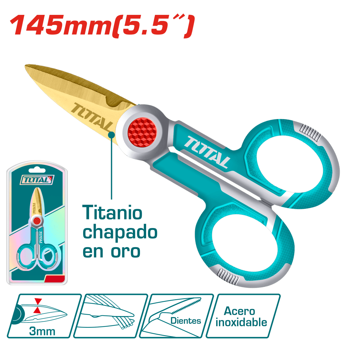 TIJERA ELECTRICISTA 145MM ACERO INOX 3.0MM PUNTA TITANIO TOTAL / THT11558711