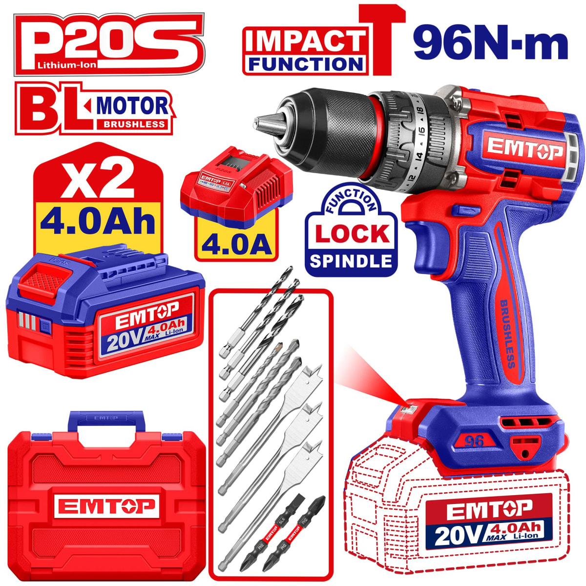 TALADRO PERCUTOR 1/2'' 20V 96N.M + 2 BAT 4.0 AH + CARG EMTOP1