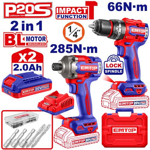 COMBO TALADRO PERCUTOR 66NM + ATORNILLADOR DE IMPACTO 285NM 20V EMTOP ECKL202771