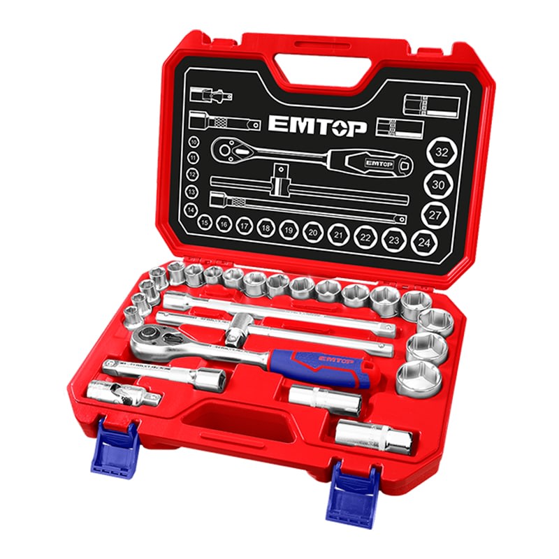 JUEGO DE RACHET 1/2? (DADOS + EXTENSIONES) EN MALETA PLASTICA – 24 PIEZAS ESKT12251 EMTOP2