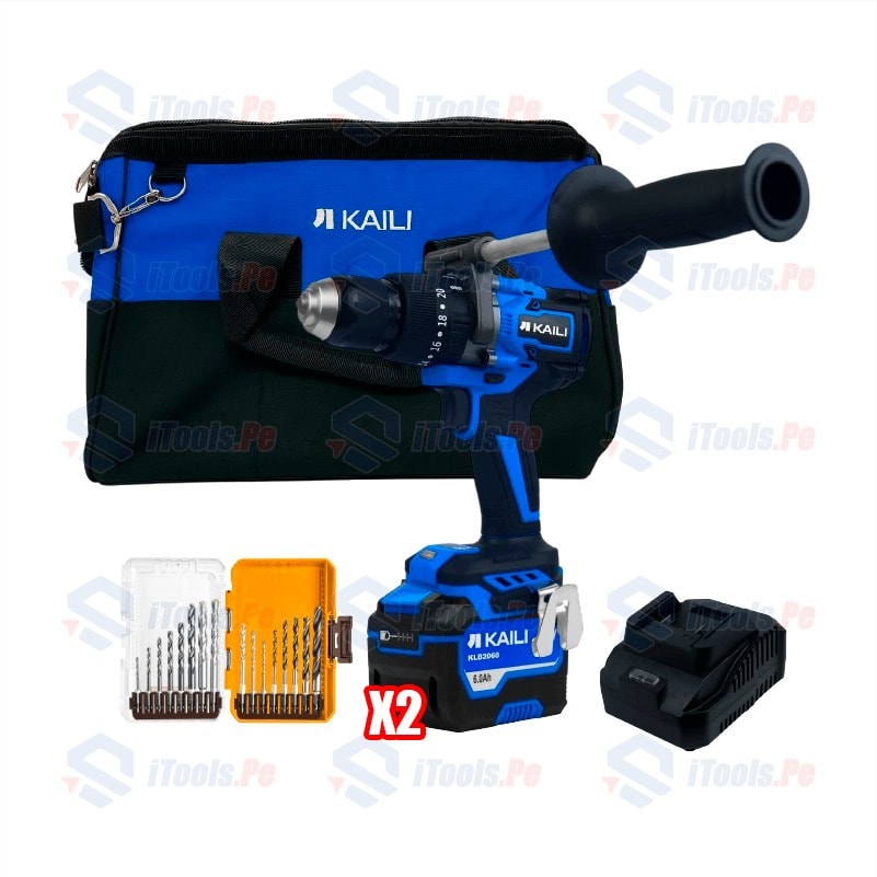 Kit Taladro percutor 20V 150 nm KAILI + Baterias 6ah + Cargador 4ah + Set de brocas 16 pcs1