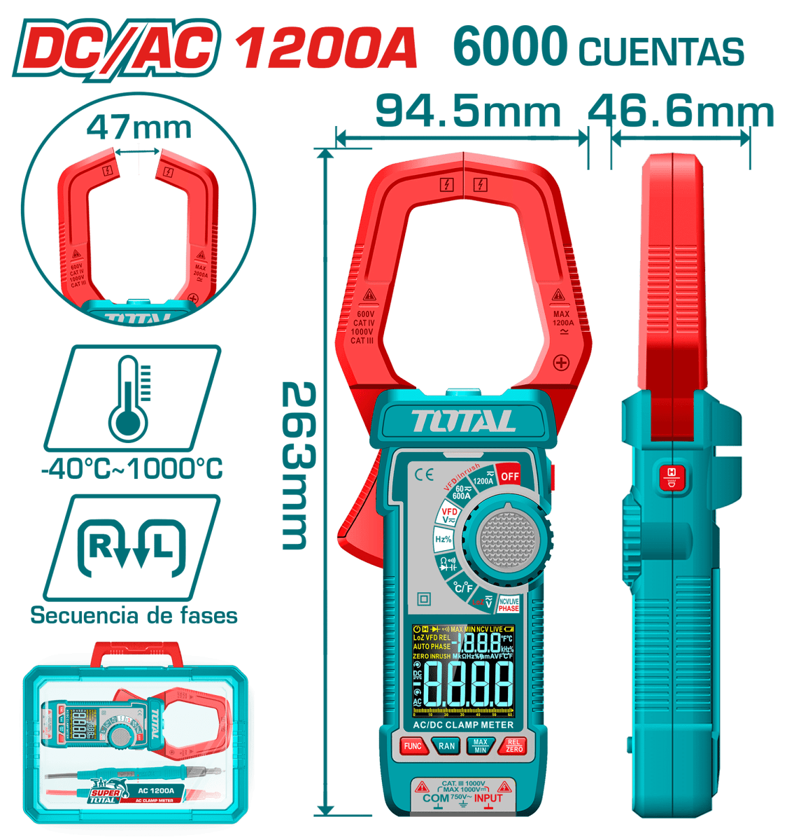 Pinza amperimétrica digital AC/DC 1200A True RMS TOTAL / TMT76100021