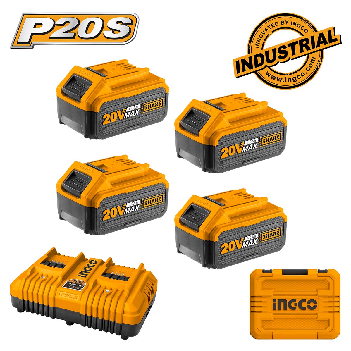 Baterías INGCO 4.0Ah + Cargador Rápido 2 Posiciones Set de 6 uds.FBCLI202441