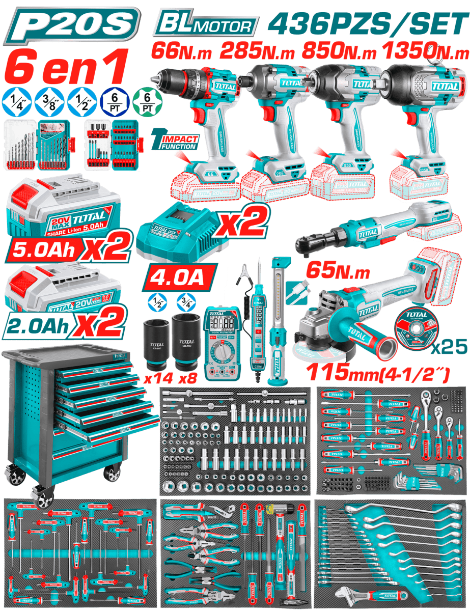 CARRO PORTAHERRAMIENTAS DE 436 PIEZAS CON 7 CAJONES + 6 HERRAMIENTAS INALÁMBRICAS TOTAL / THPTCS843621