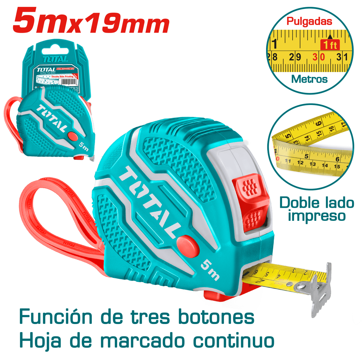 CINTA MÉTRICA DE ACERO 5M X 19 MM CON TRIPLE BOTÓN DE BLOQUEO TOTAL / TMT1260511