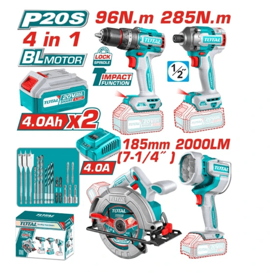 MEGA COMBO: TALADRO 96NM + ATORNILLADOR DE IMPACTO + SIERRA CIRCULAR + LINTERNA 20V TOTAL1