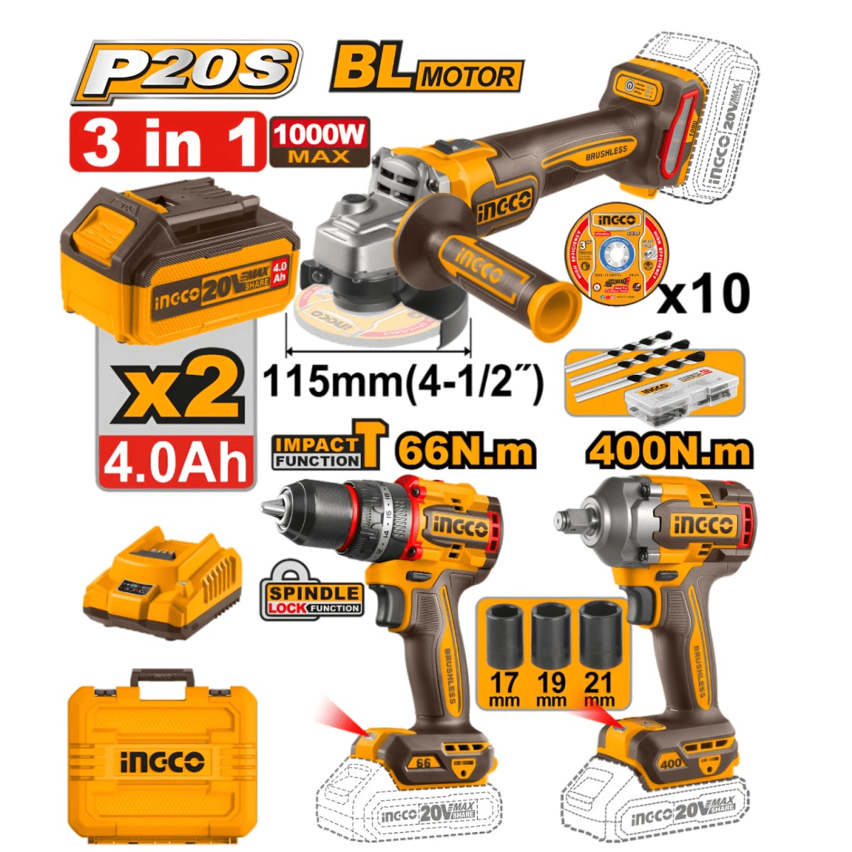 Combo industrial taladro percutor + amoladora + llave de impacto Ingco / COSLI2412911