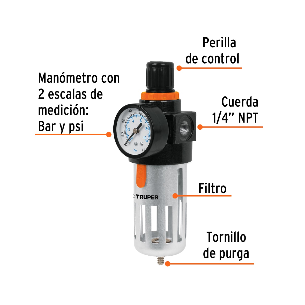 Filtro y regulador, presión de aire, cuerda 1/4