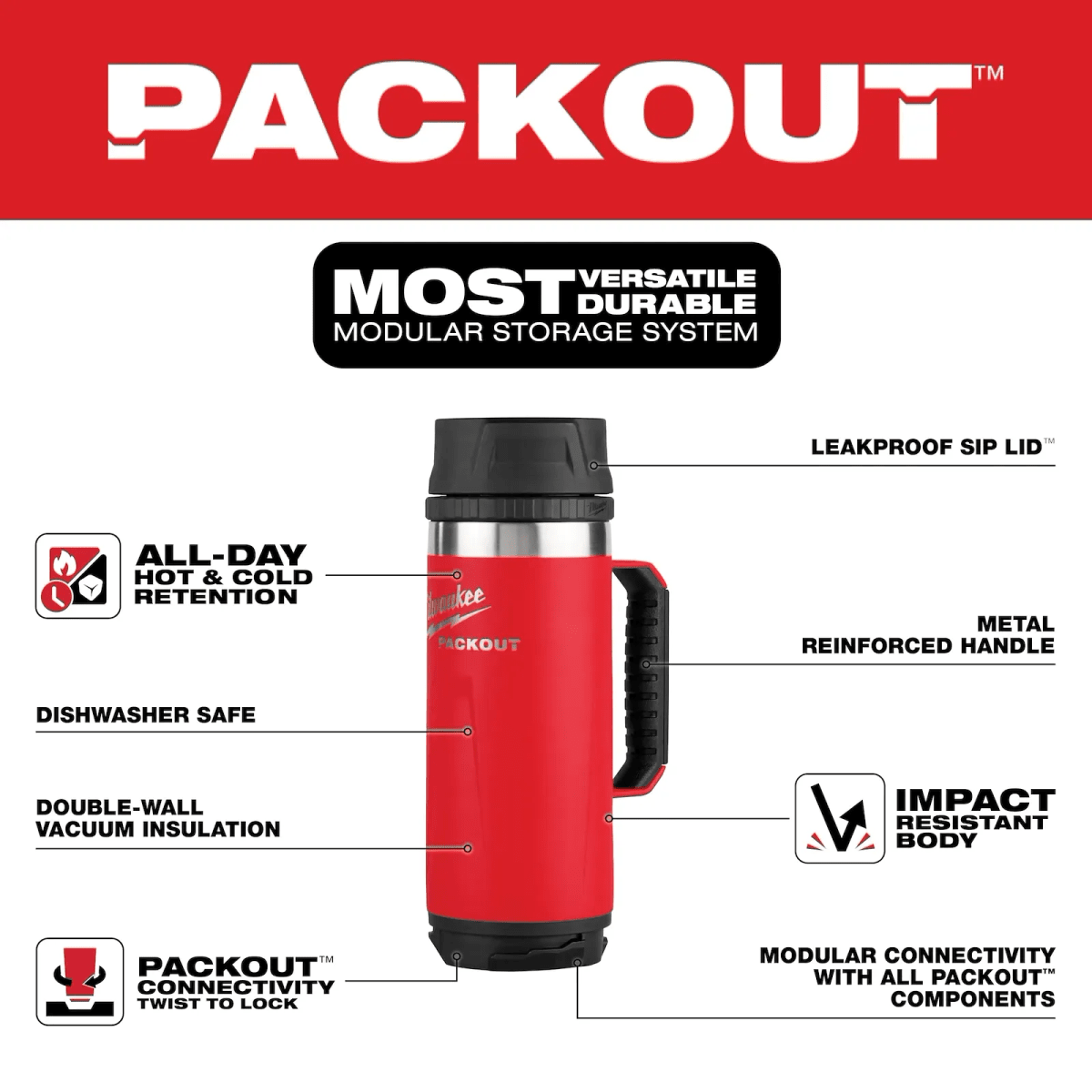 Taza térmica PACKOUT™ de 18 oz con tapa para sorbos MILWAUKEE / 48-22-8394R3