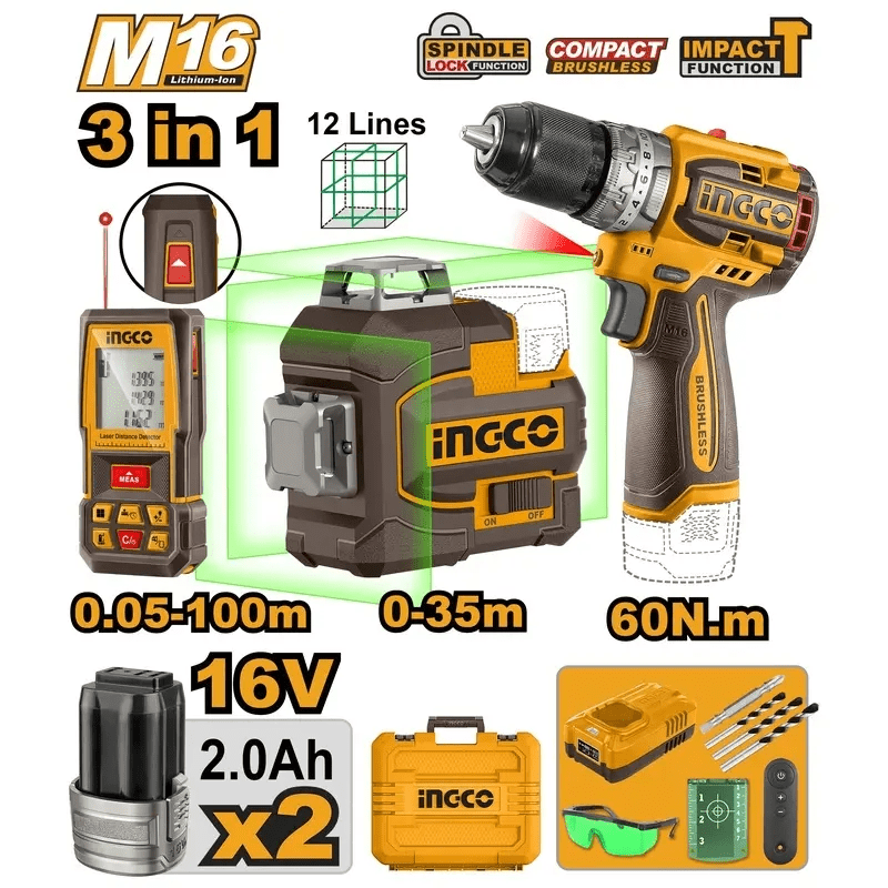 TALADRO PERCUTOR 60NM + NIVEL LASER 12 LINEAS + MEDIDOR DE DISTANCIA 100M INGCO / COSLI2501011