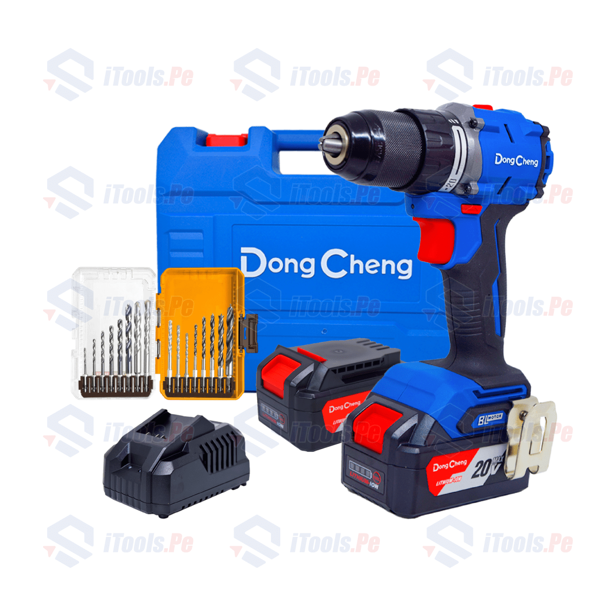 TALADRO PERCUTOR INALÁMBRICO 20V DONG CHENG / DCJZ2060I + SET DE 16 BROCAS PARA METAL, MULTIFUNCION1