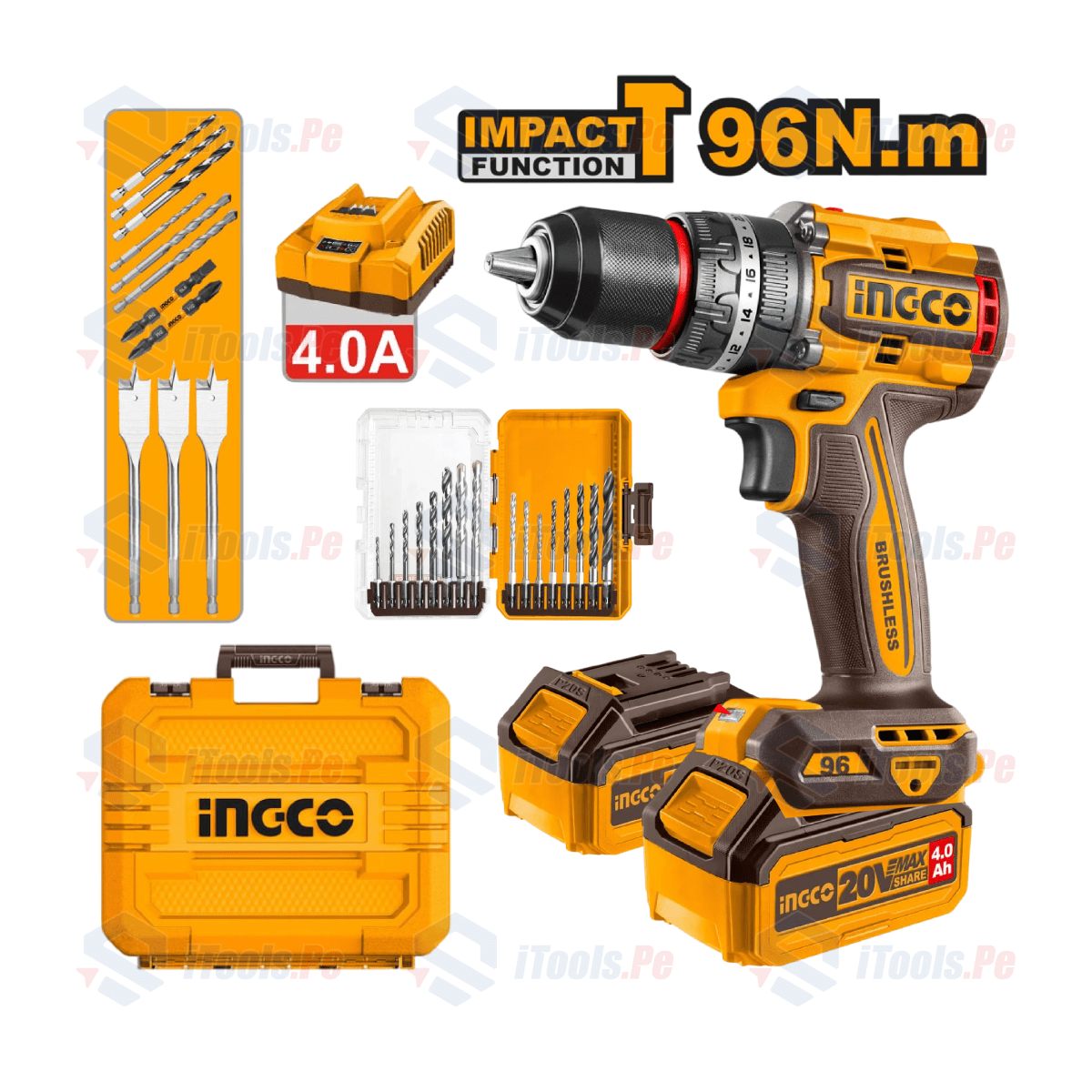 TALADRO PERCUTOR 96NM CIDLI20968 + SET DE 16 BROCAS PARA METAL, MULTIFUNCION Y MADERA INGCO AKDL11601