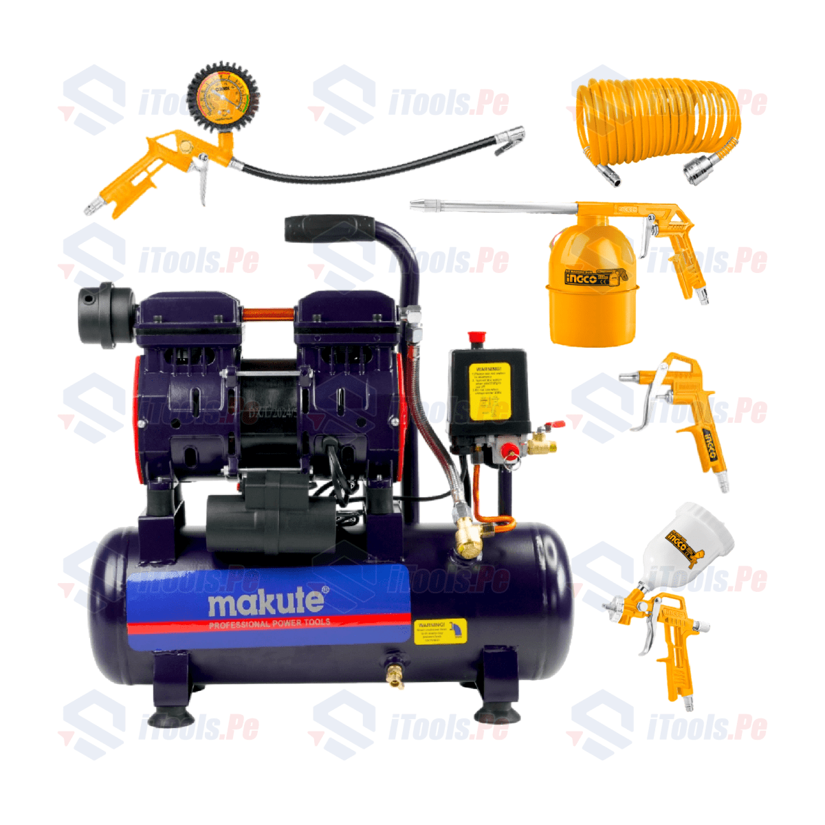 COMPRESORA SILENCIOSA DE 12L 1300W MAKUTE + KIT COMPRESOR DE AIRE 5 PCS NEUMATICO INGCO1