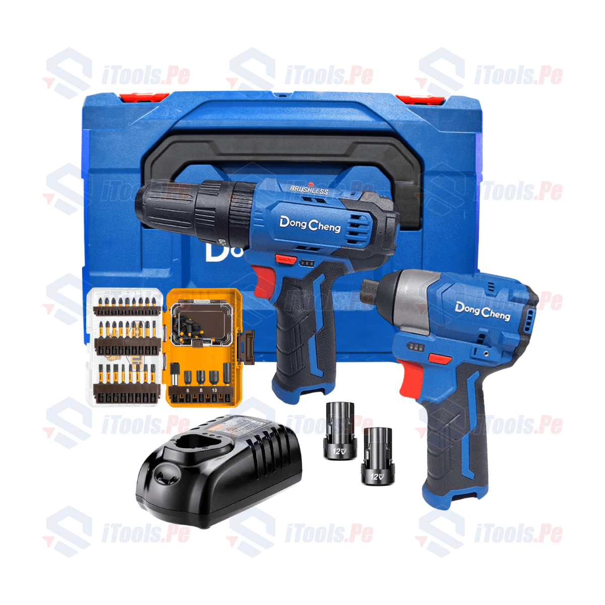 COMBO TALADRO PERCUTOR + ATORNILLADOR DE IMPACTO 12V DONGCHENG + JUEGO DE PUNTAS 51 PZS1