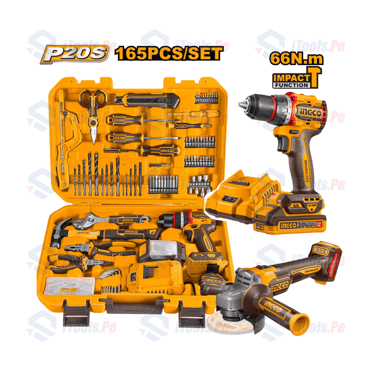 Taladro percutor 66nm + 165 herramientas manuales + Amoladora 20v 4 1/2 ingco1