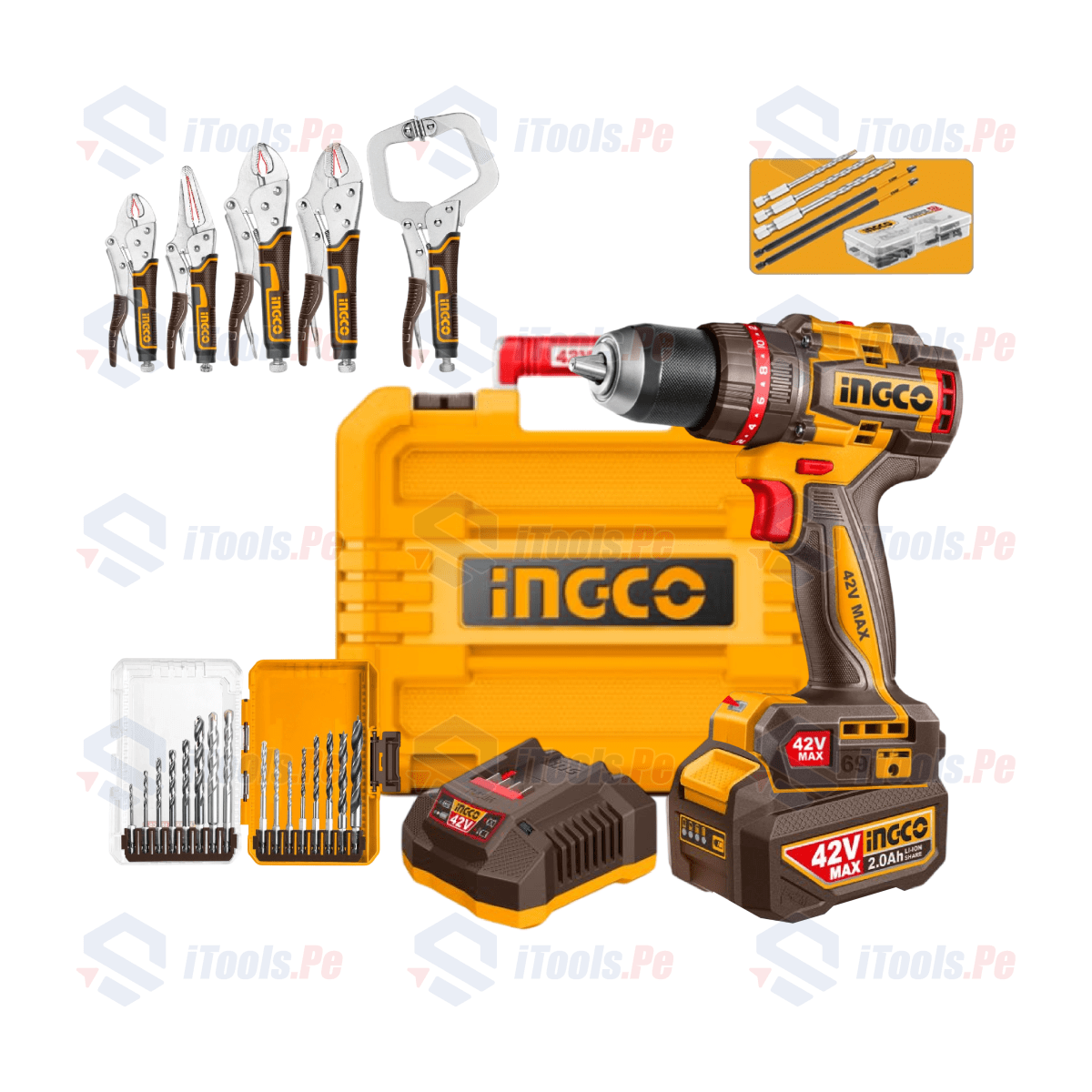 KIT TALADRO 42V 69NM + SET DE BROCAS 16 PZS + JUEGO DE ALICATES 5 PZS INGCO1