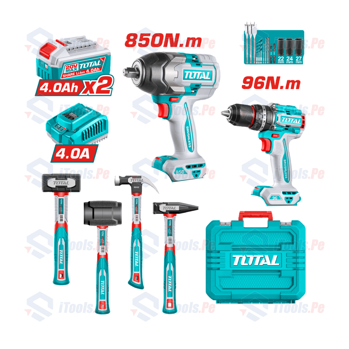 COMBO 6 EN 1: TALADRO 96 NM + LLAVE DE IMPACTO +  KIT 4 MARTILLOS TOTAL1