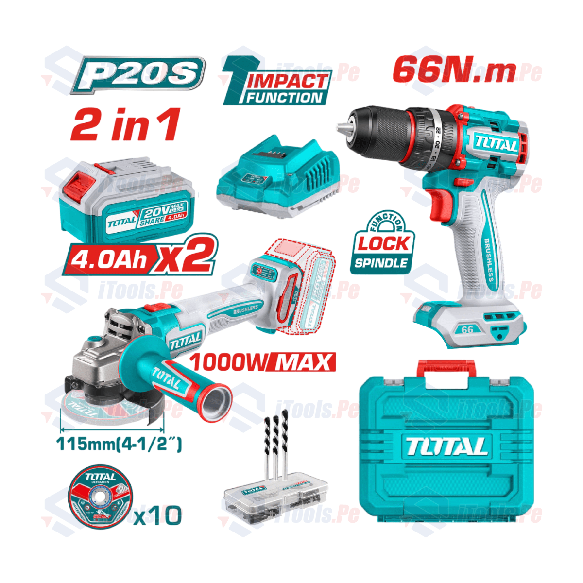 TALADRO PERCUTOR DE IMPACTO 66NM + ESMERIL ANGULAR 4 ½” 20V BRUSHLESS TOTAL / TCKLI202731