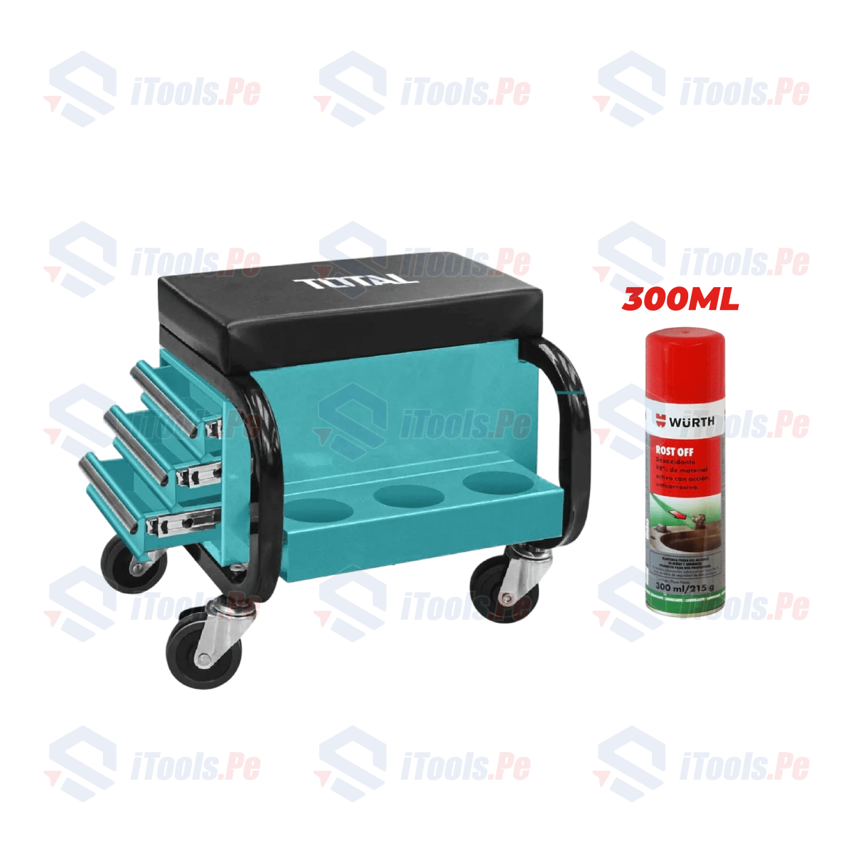Asiento para mecanico con 3 cajones + Desoxidante rost off 300 ml1