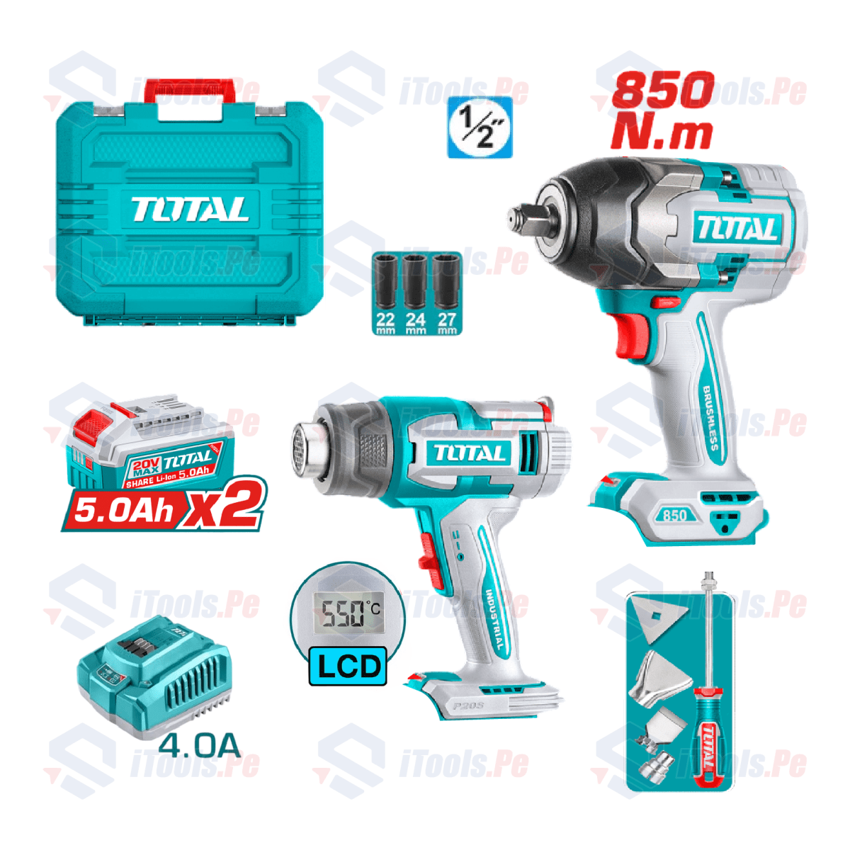 COMBO 2 EN 1 20V PISTOLA CALOR + LLAVE IMPACTO 850NM 2X5.0AH MALETIN + ACC INDUSTRIAL - TOSLI2509832
