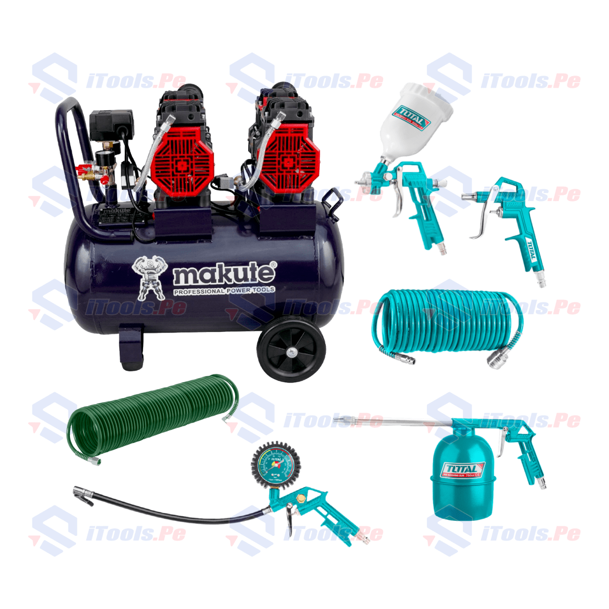 COMPRESORA DE AIRE SIN ACEITE + SET DE ACCESORIOS 5 PCS + MANGUERA 15 MT1