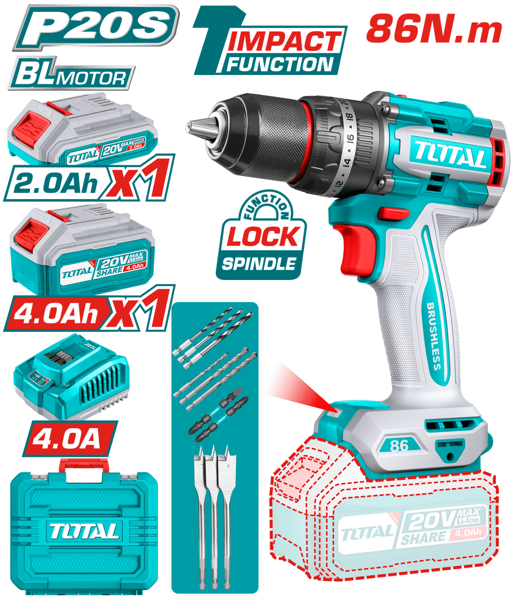 TALADRO ATORNILLADOR / PERCUTOR 86NM 20V BRUSHLESS TOTAL - TIDLI208681