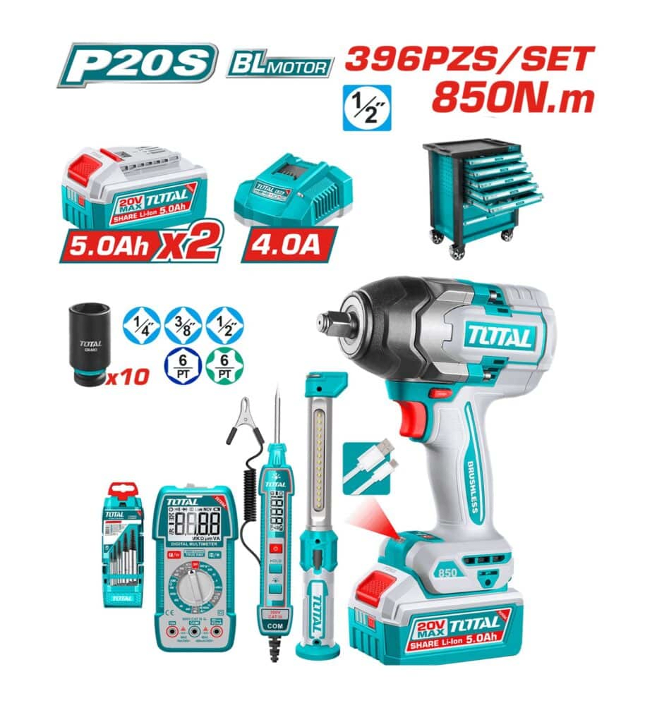 CARRO PORTA HERRAMIENTAS 396 PCS CON 7 CAJONES + LLAVE IMPACTO 20V 850NM TOTAL - THPTCS839622