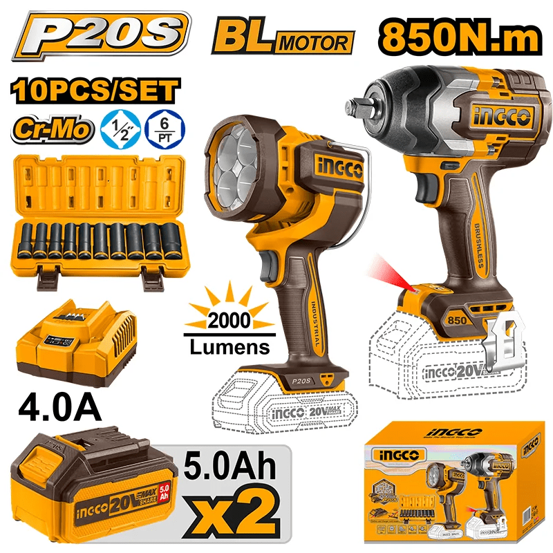 Kit combinado 2 baterías 5,0 ah + LLAVE DE IMPACTO 850 nm + linterna 2000 lm + accesorios1