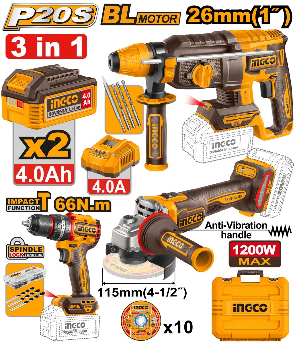 Combo 3 en 1  20V: Rotomartillo + Amoladora + Taladro (CKLI202598) INGCO1