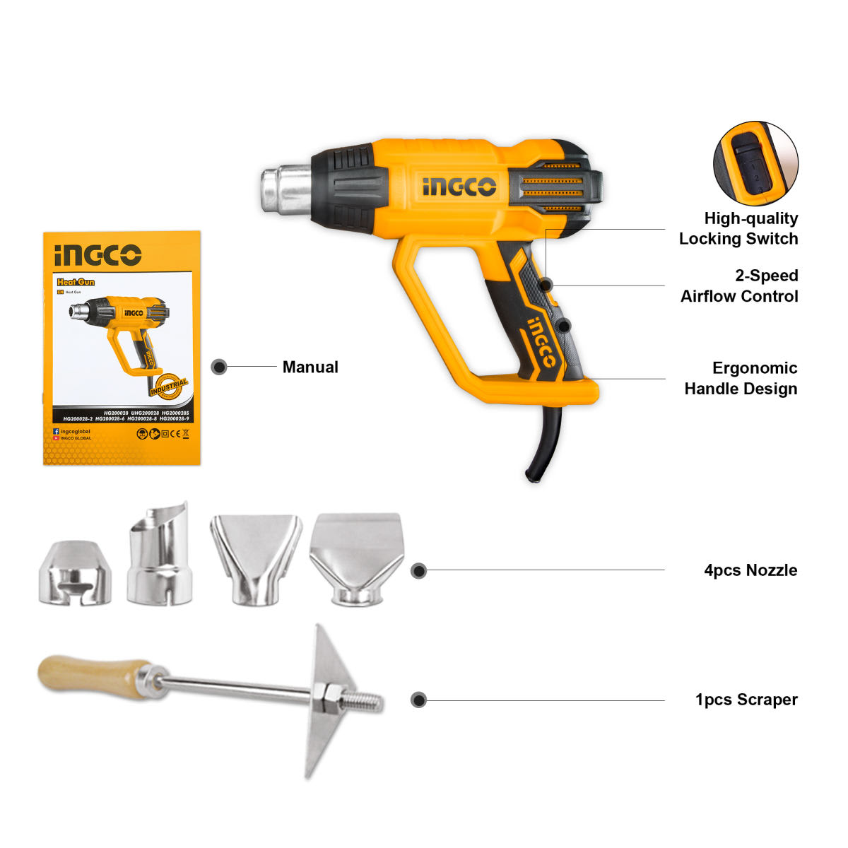 PISTOLA DE CALOR 2000 W. VELOCIDAD VARIABLE INGCO HG2000282