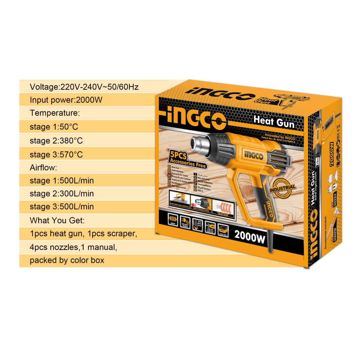 PISTOLA DE CALOR 2000 W. VELOCIDAD VARIABLE INGCO HG2000285