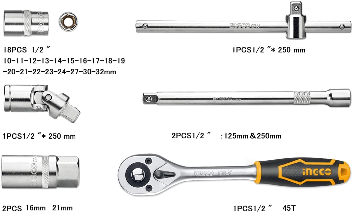 JUEGO DADOS TUBO 25 PZS LLAVE CRIQUE 1/2 METR. Y PULG. INGCO HKTS122513