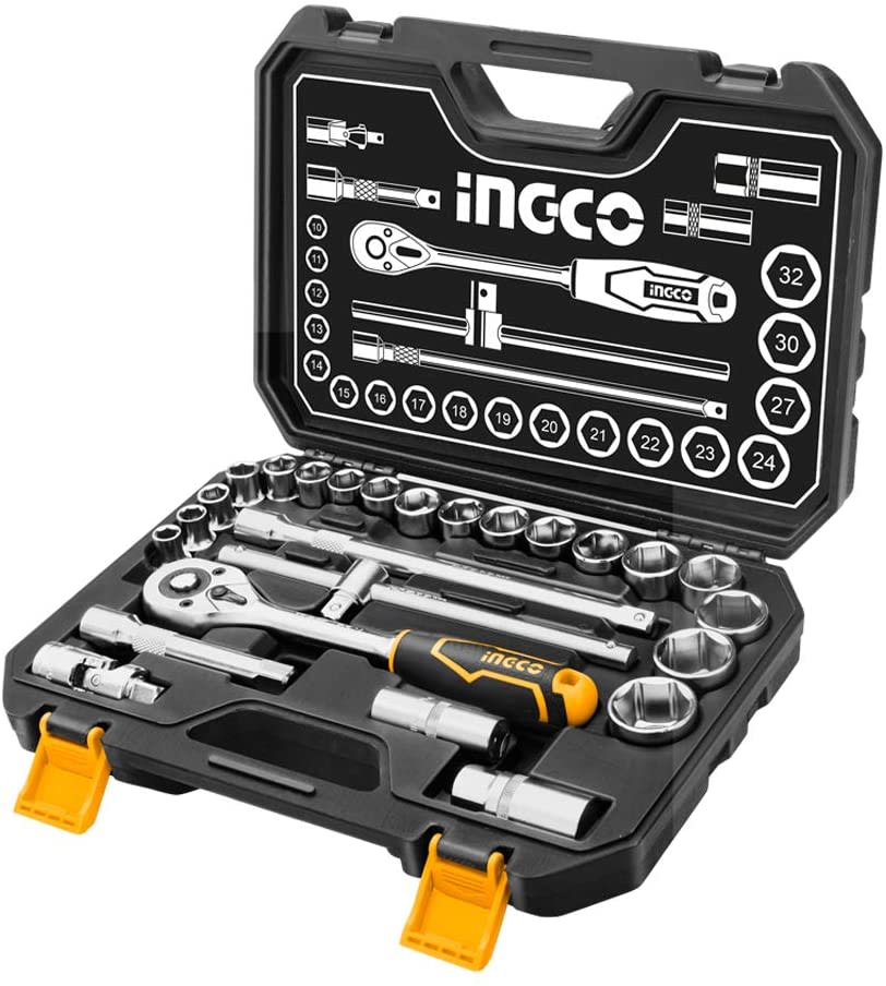 JUEGO DADOS TUBO 25 PZS LLAVE CRIQUE 1/2 METR. Y PULG. INGCO HKTS122512