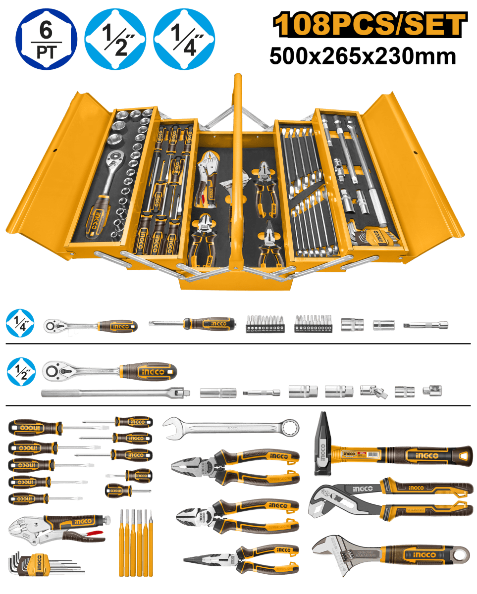 SET DE 108 HERRAMIENTAS MANUALES EN CAJA METALICA INGCO  HTCS1510812