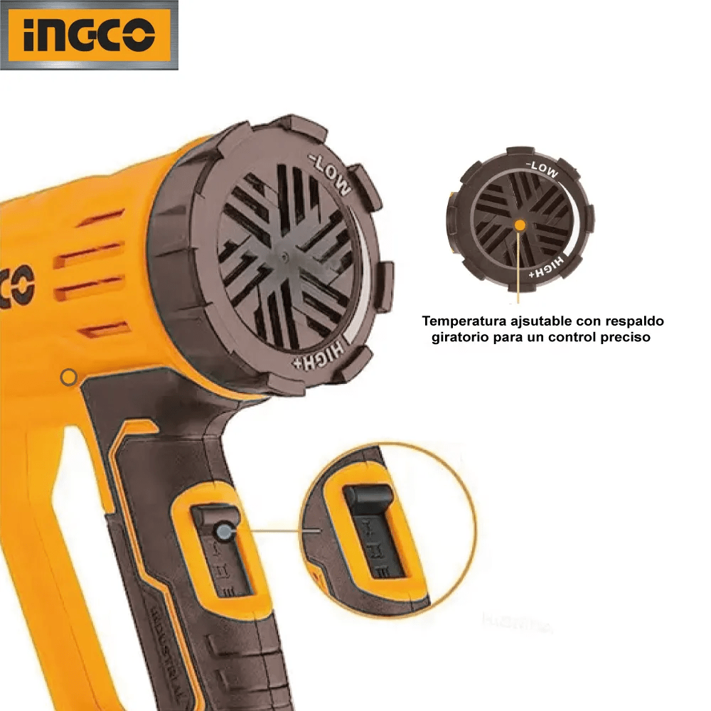 Pistola de Calor Temperatura Ajustable Ingco 2000W + 4 Accesorios HG2000472