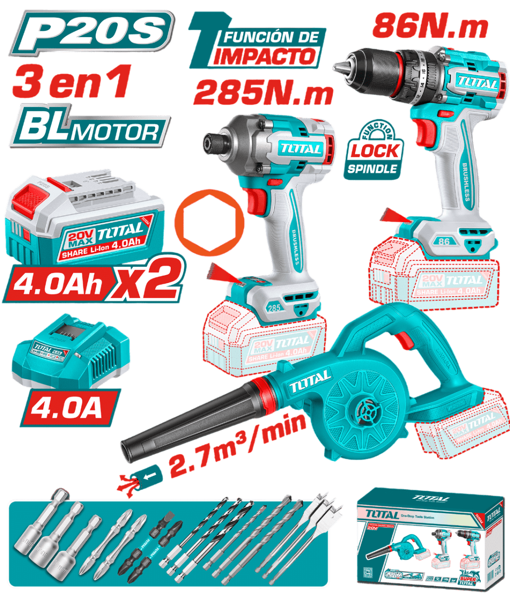 COMBO 3 EN 1 TALADRO IMP. 86NM + ATORNILLADO 285NM + SOPLADOR 2X4.0AH + ACC INDUSTRIAL - TOSLI2508831