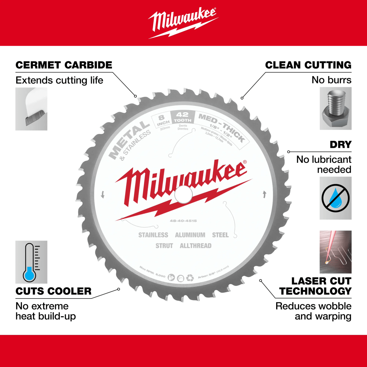 DISCO DE SIERRA PARA CORTE DE METAL DE 8 PULGADAS 42 DIENTES MILWAUKEE / 48-40-4515 3